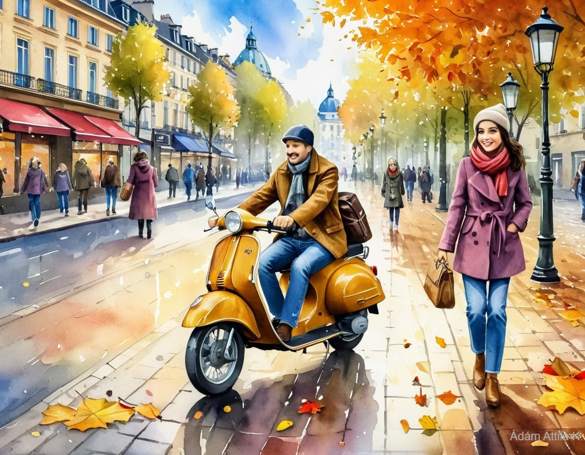 Autumn City Street with Vintage Scooter and Golden Leaves