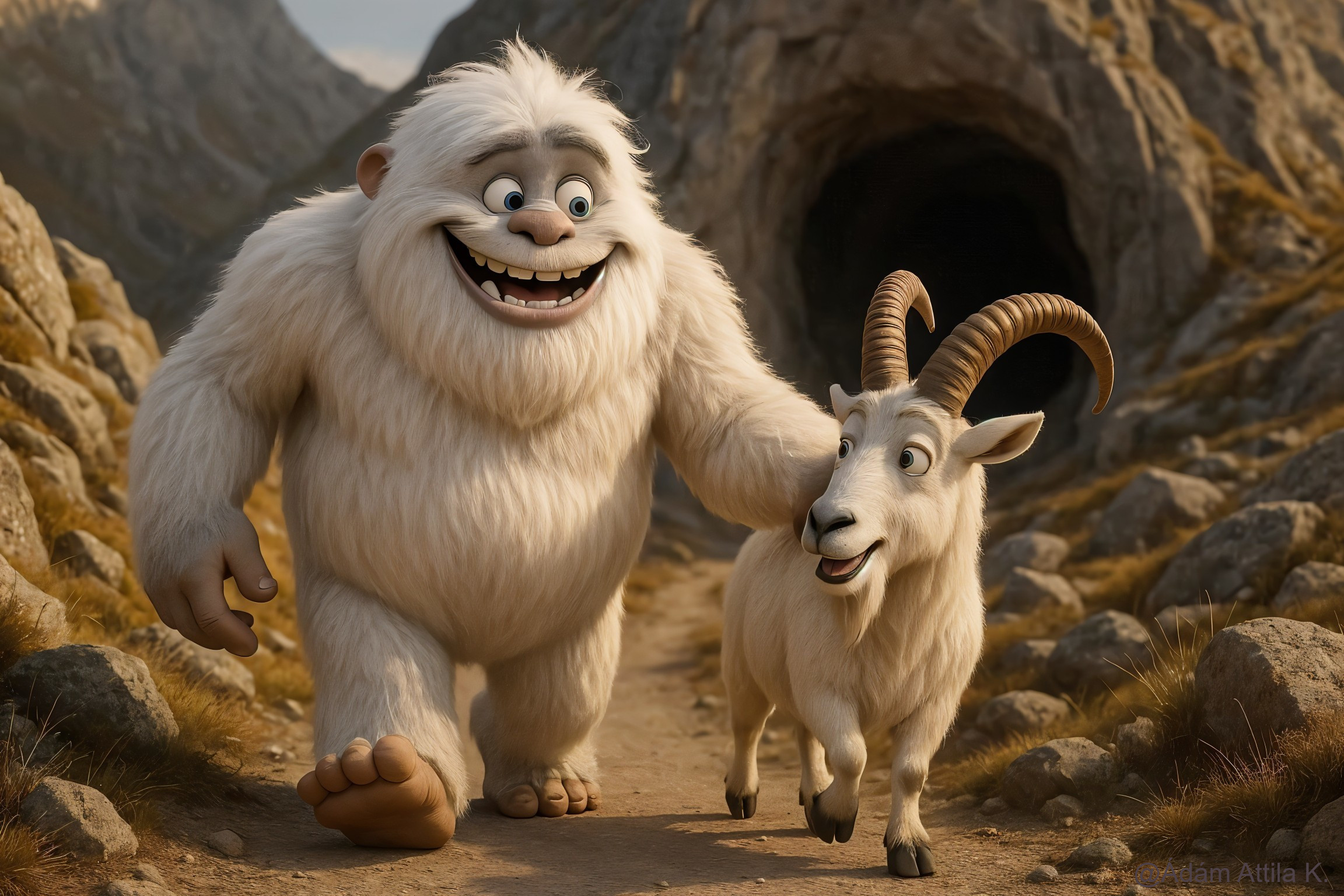 Whimsical Yeti and Goat in Mountain Landscape