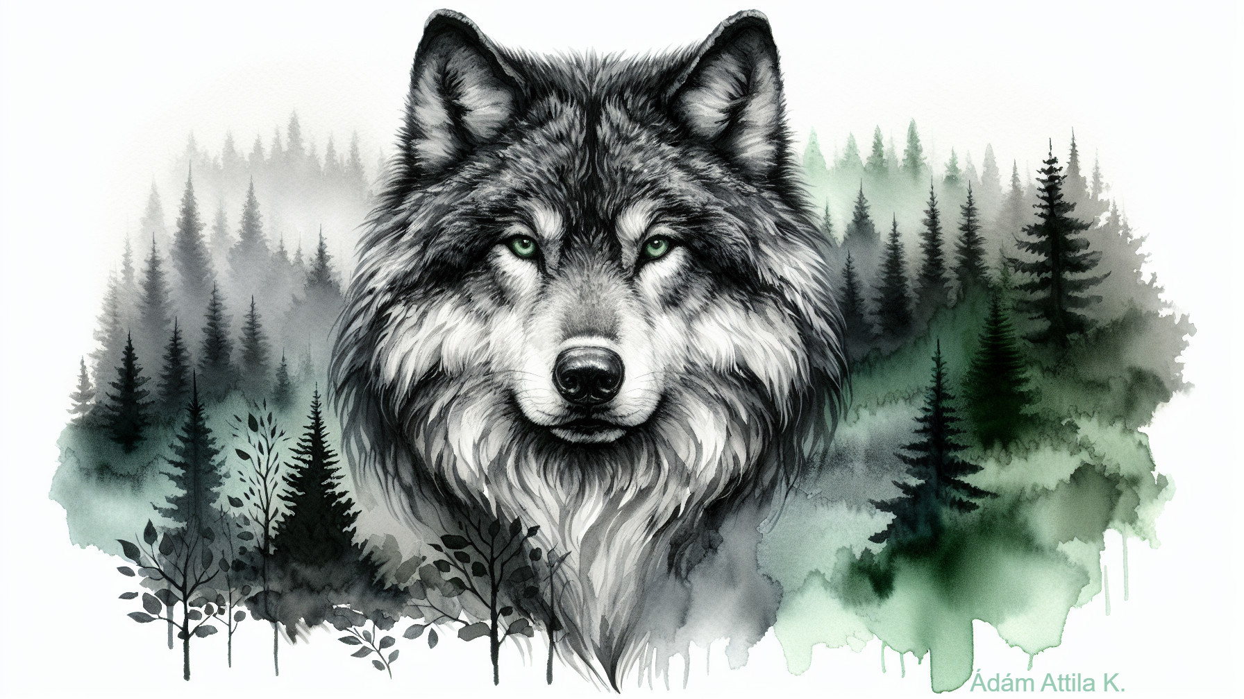 Wolf's Head in Misty Forest with Green Eyes