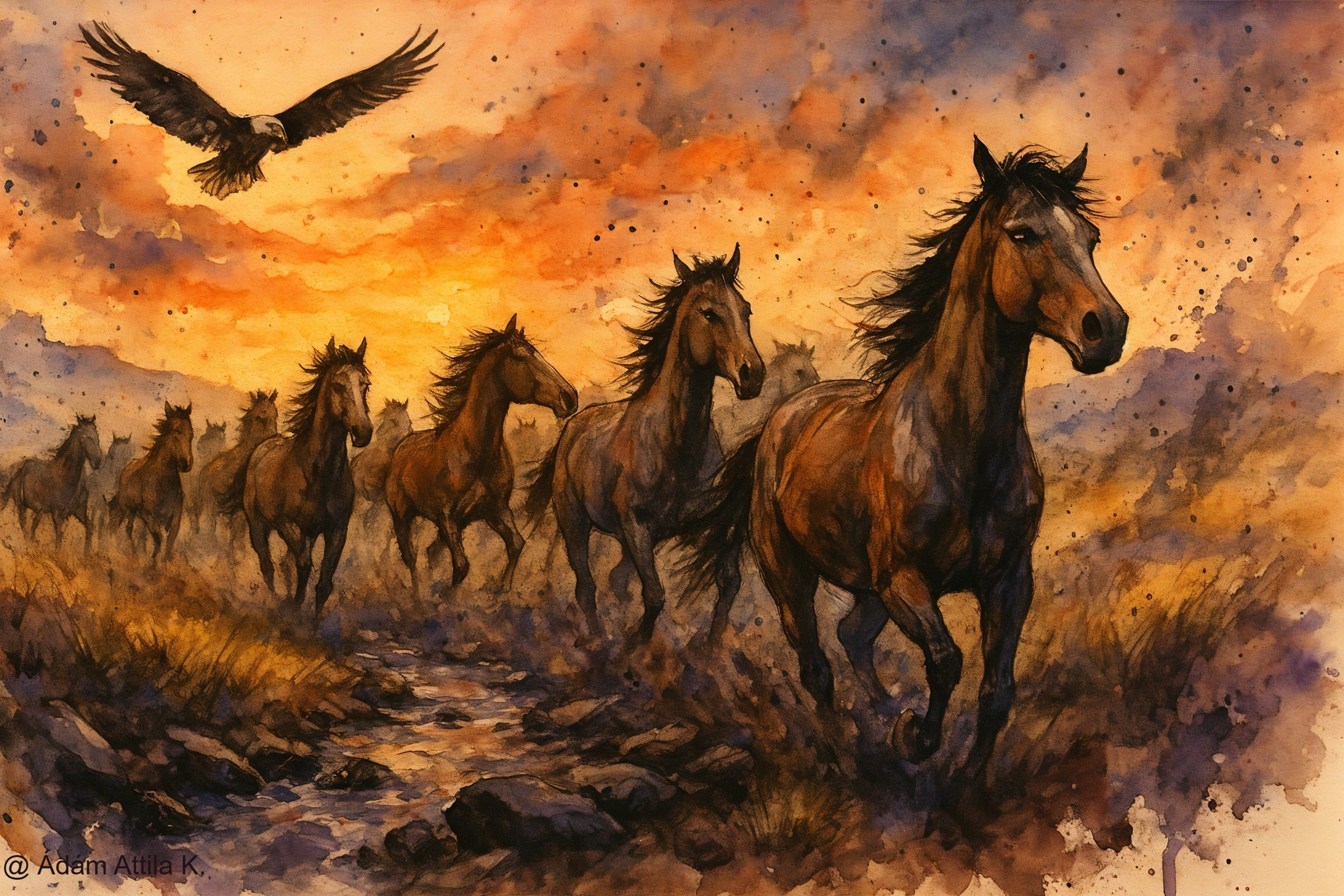 Watercolor Painting of Galloping Wild Horses at Sunset