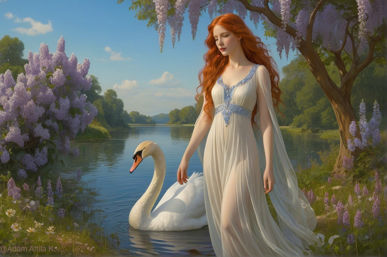 Tranquil Lake Scene with Lush Greenery and Wisteria