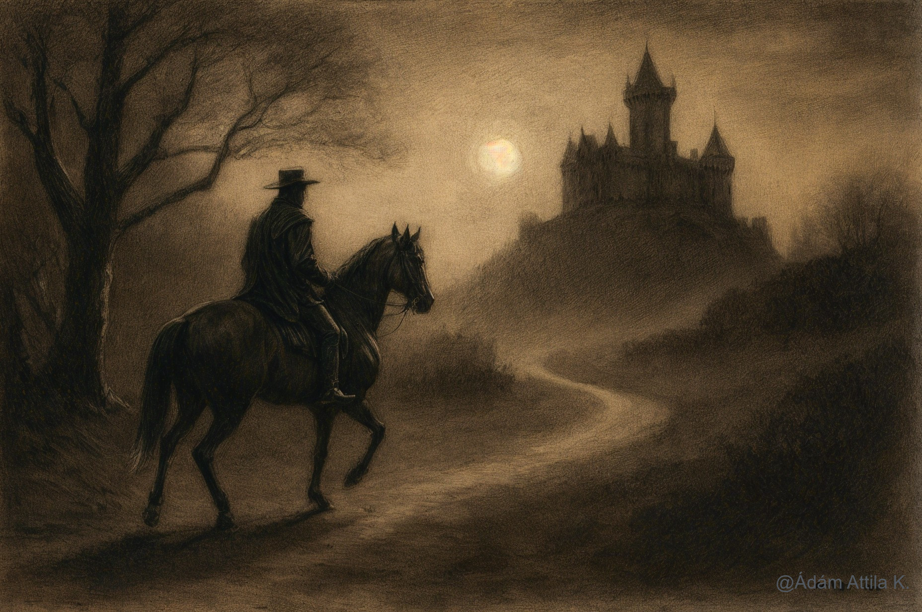 Lone Rider on Dark Horse Under Moonlit Castle