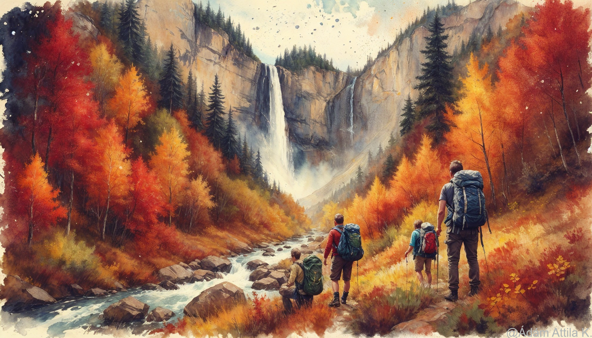 Hikers Enjoying a Waterfall in Autumn Landscape