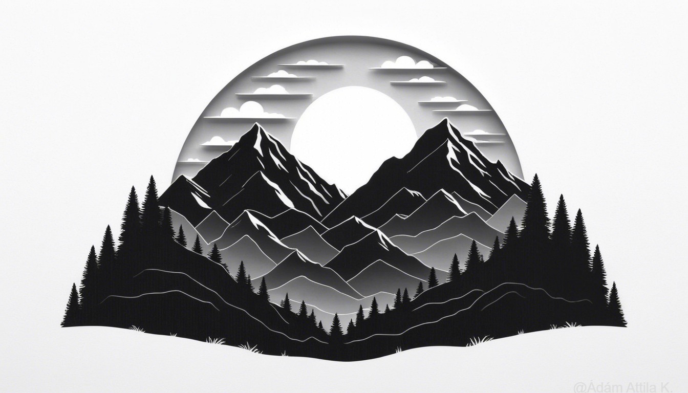 Stylized Black-and-White Mountain Landscape Artwork