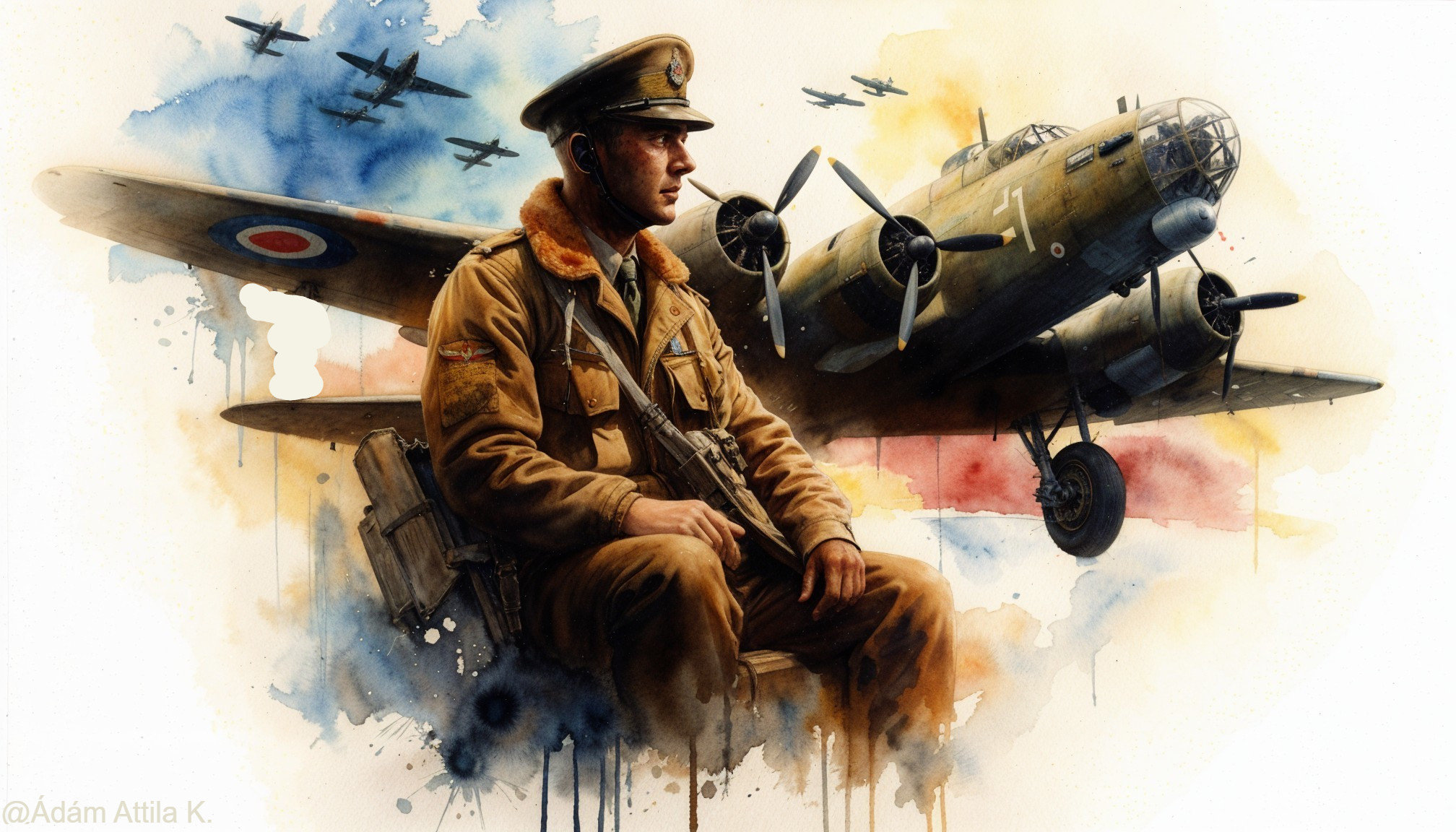 Military Pilot in Vintage Uniform with Bomber Aircraft