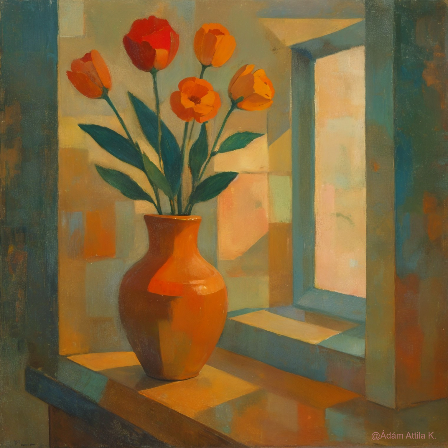 Vibrant Still Life of Tulips in Terracotta Vase
