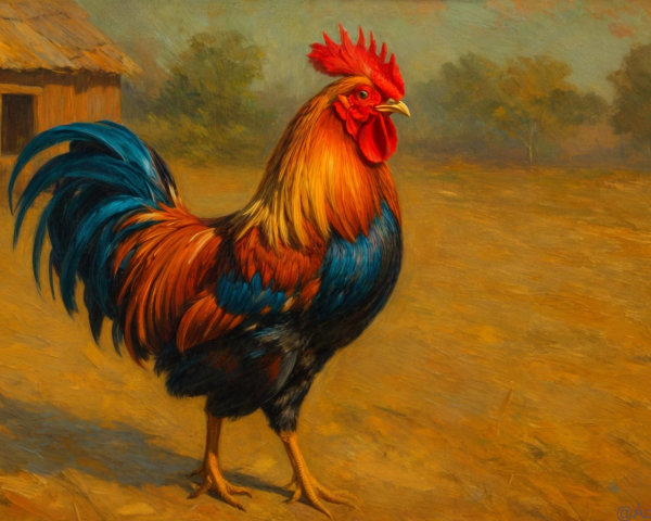 Vibrant Rooster in Rustic Countryside Setting