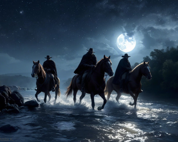 Silhouetted Horsemen on Moonlit River at Night