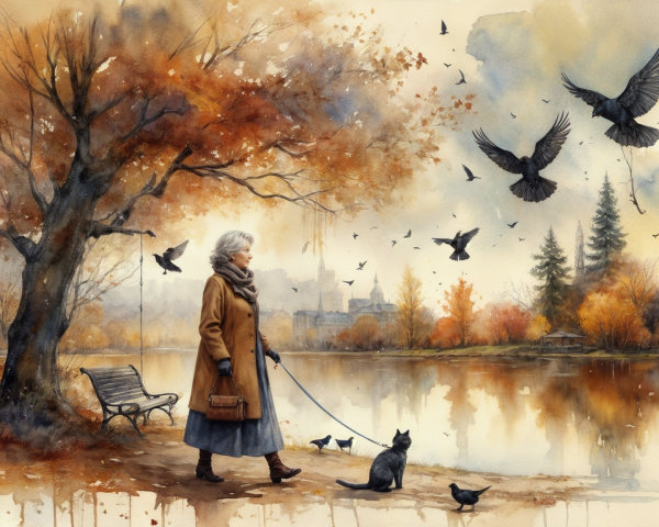 Elderly Woman and Cat by a Tranquil Autumn Lake