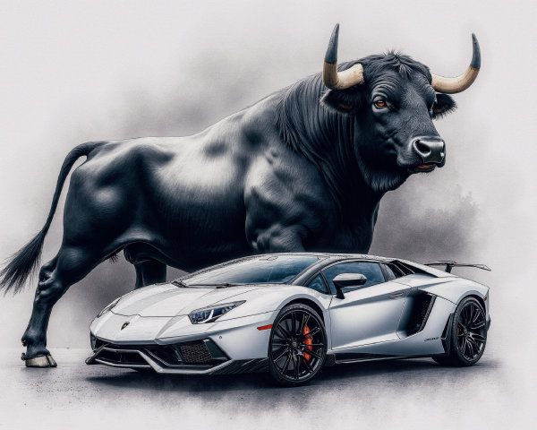 Black and White Bull Next to Silver Lamborghini Aventador