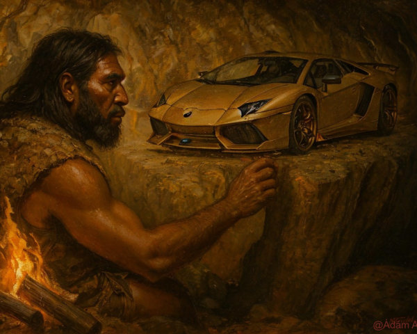 Caveman Carving Stone Lamborghini in Dim Cave Setting