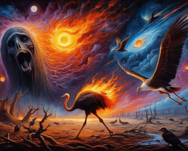 Surreal Landscape with Fiery Sky and Ostrich