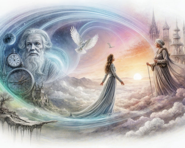 Mystical Landscape with Serene Woman and Ethereal Elements
