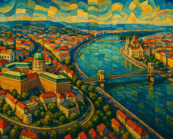 Vibrant Cityscape Painting with River and Iconic Buildings