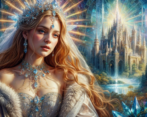 Elegant woman in gown with castle and crystal scenery