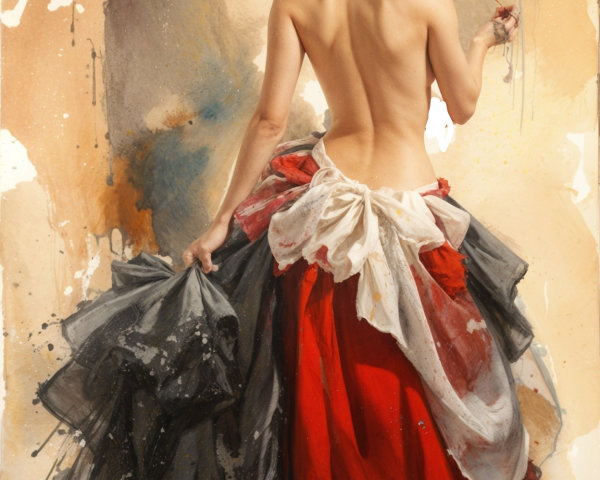 Elegant Woman in Red Skirt with Abstract Watercolor Background