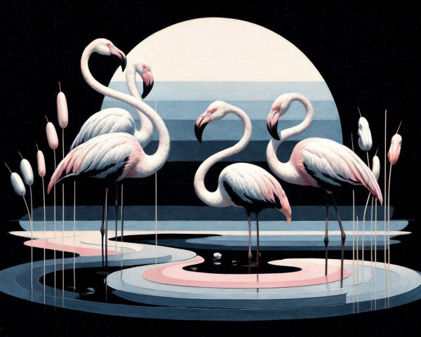 Stylized Flamingos in Calm Waters with Abstract Moon