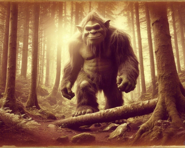 Bigfoot in a Mystical Forest with Golden Light