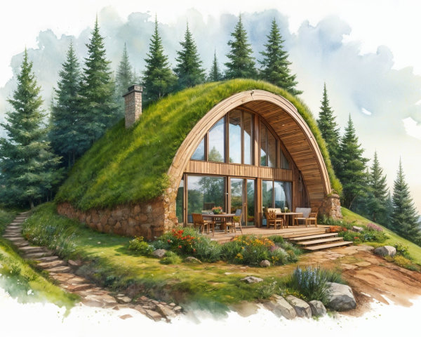 Eco-Friendly Cottage with Curved Grass Roof and Views