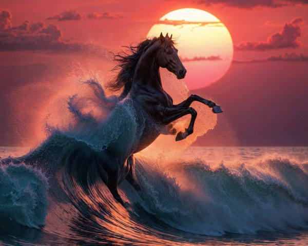 Majestic Black Horse Silhouette at Sunset Beach