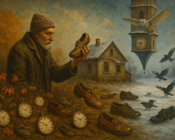 Elderly Man with Shoe in Surreal Landscape Painting