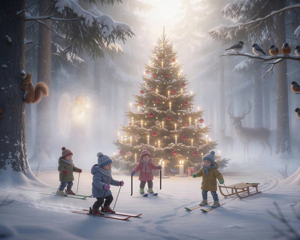 Children Skiing in Snowy Forest with Christmas Tree