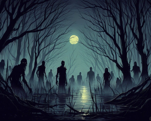Eerie Forest with Undead Creatures and Pale Moon