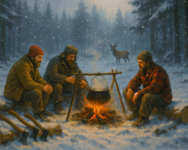 Men and Deer by Bonfire with Moonlit Snowfall