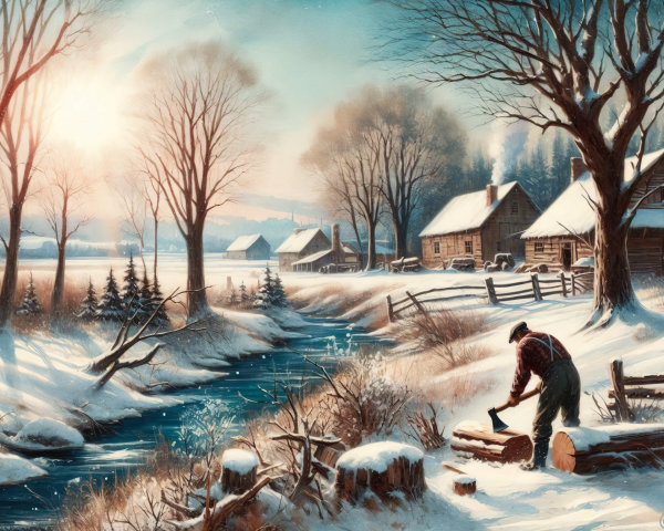 Winter Landscape Oil Painting with Man Chopping Wood