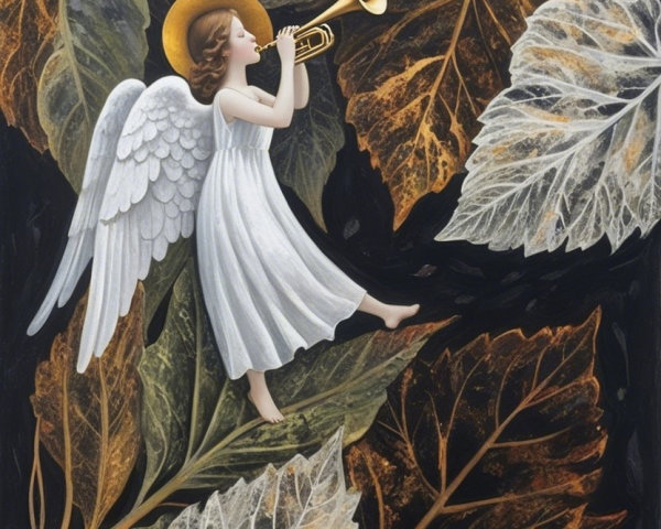 Serene Angel with Trumpet Amidst Autumn Leaves