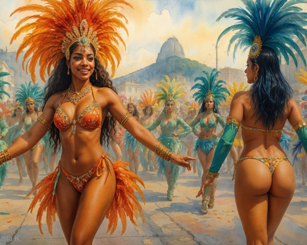 Vibrant Carnival Scene with Colorful Dancers and Costumes