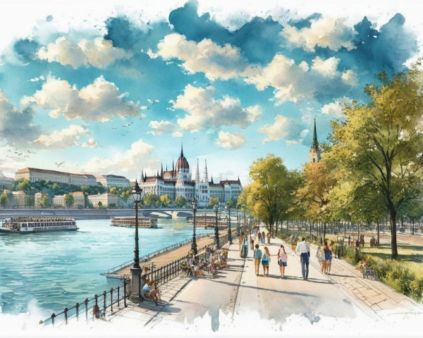 Watercolor Scene of Budapest's Riverside Walkway