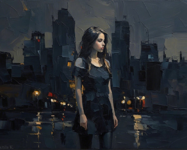 Young Woman in Urban Setting at Dusk with Skyline