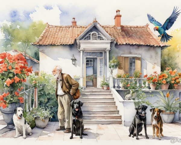 Watercolor Scene of an Elderly Man and Dogs Outdoors