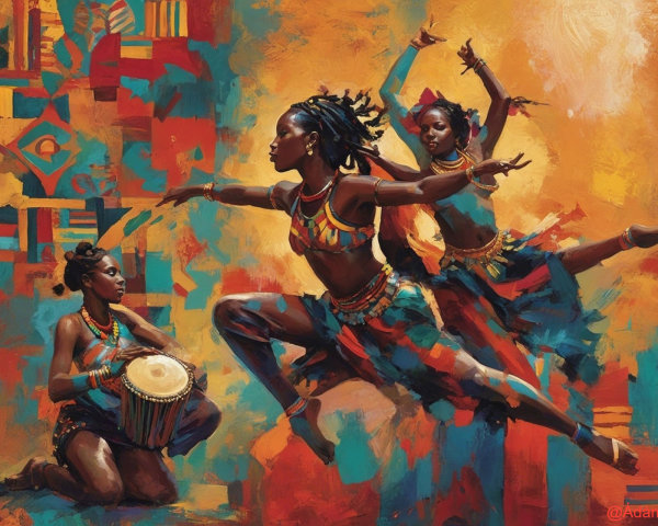 Impressionistic Oil Painting of Dancing African Girls