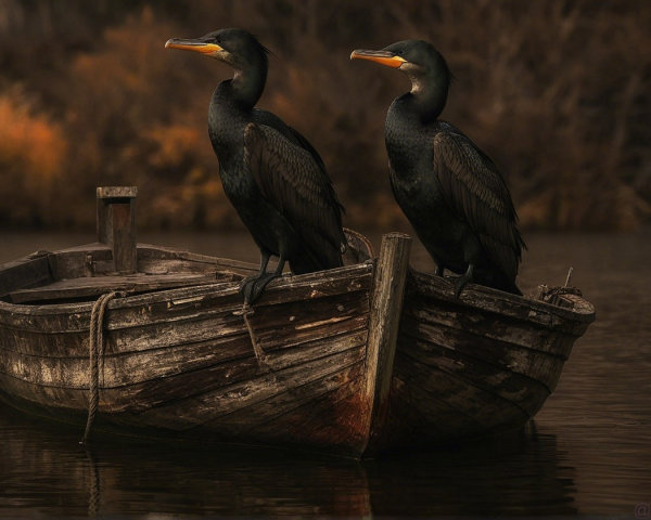 Cormorants on a Rustic Boat in Serene Nature Setting