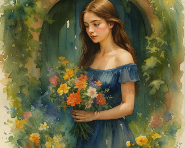 Young woman in blue dress at garden entrance with flowers