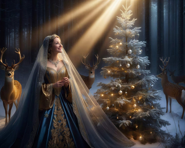 Woman in Gold and Blue Dress in Snowy Forest Scene