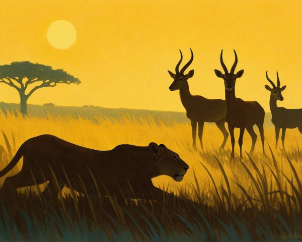 Lioness in Golden Savanna at Sunset with Antelopes