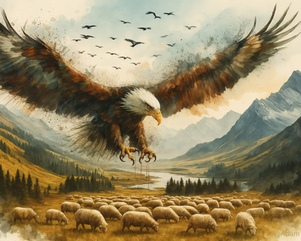 Golden Eagle Over Valley with Grazing Sheep Below
