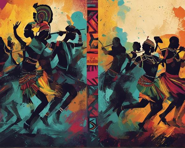 Abstract Painting of Dancing Crowd with Tribal Elements