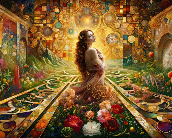 Serene Woman in a Vibrant Mystical Landscape