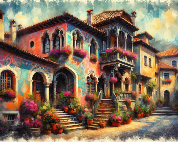 Charming Colorful Street Scene with Lush Flowers