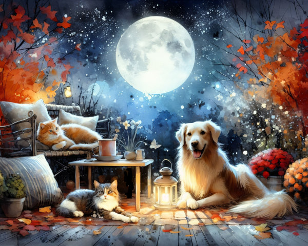 Autumn Scene with Pets and Cozy Outdoor Ambiance