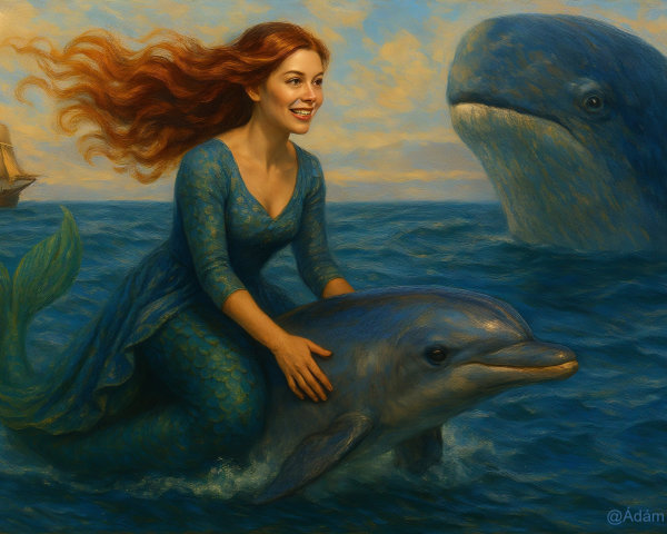 Mermaid Riding Dolphin in Vibrant Ocean Scene