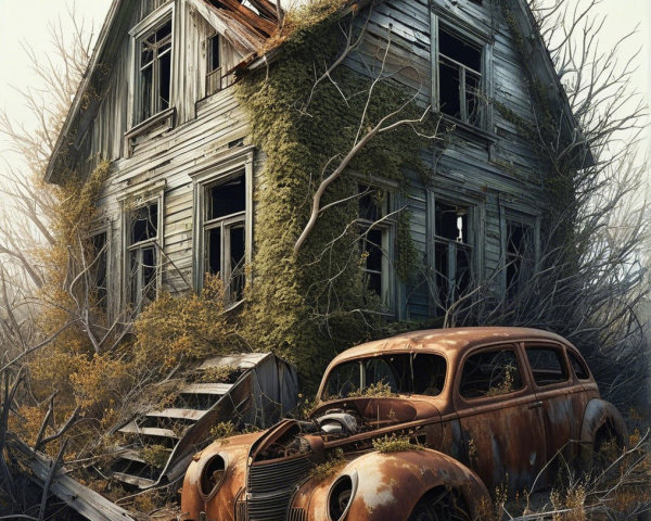 Dilapidated House and Vintage Car in Overgrown Setting