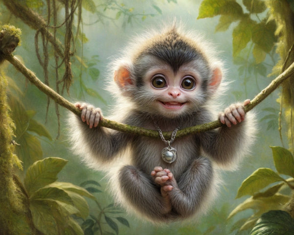 Fluffy Baby Monkey in Lush Green Jungle Setting