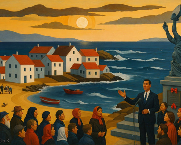 Coastal Sunset Scene with Speaker and Symbolic Statue