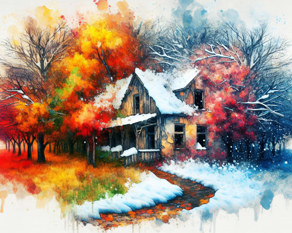 Whimsical Landscape with Rustic House and Autumn Trees