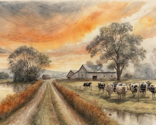 Tranquil Countryside Landscape with Sunset and Barns